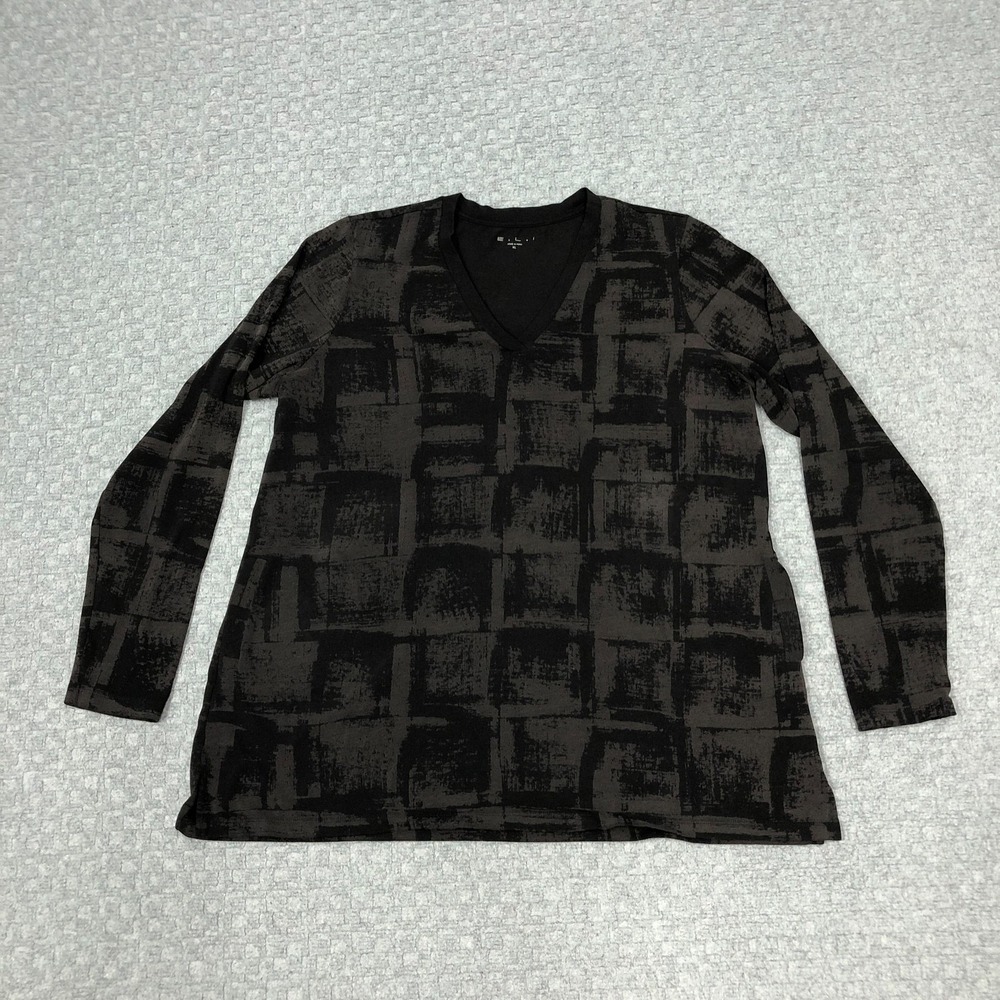 E.L.I Shirt Womens XL Black Gray V Neck Tunic Long Sleeve Pima Cotton Stretch